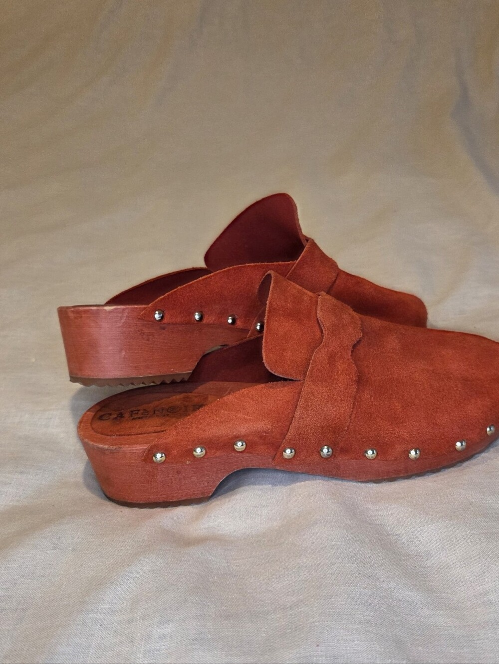 CafeNoir Italy Burnt Orange Suede Wooden Clogs EU 38 | Studded Slip On Mules - Picture 3 of 8